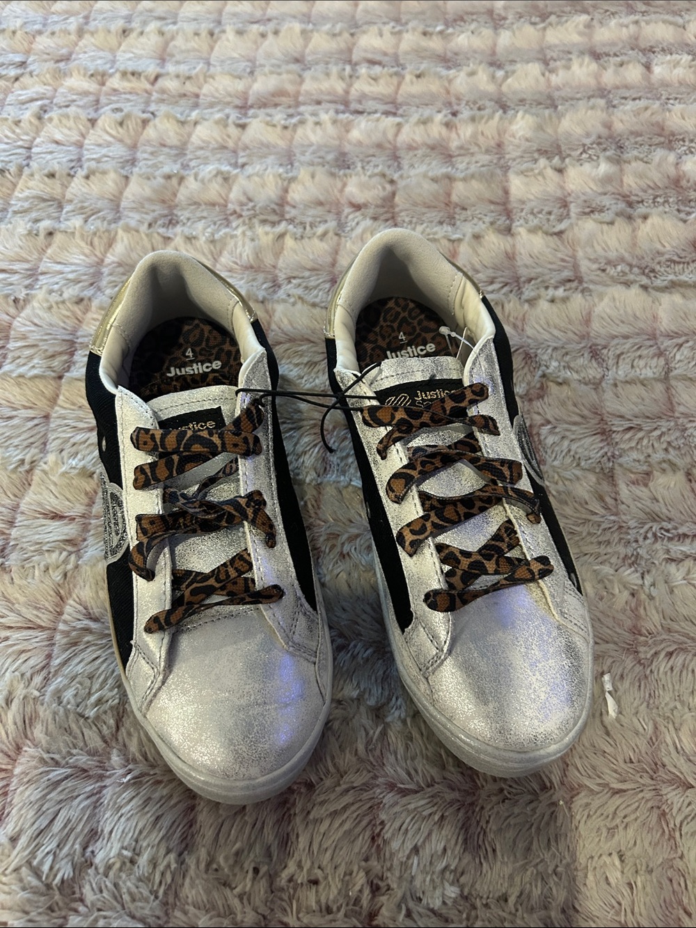 Justice Metallic Silver & Black Sneakers with Leopard Laces size 4. New